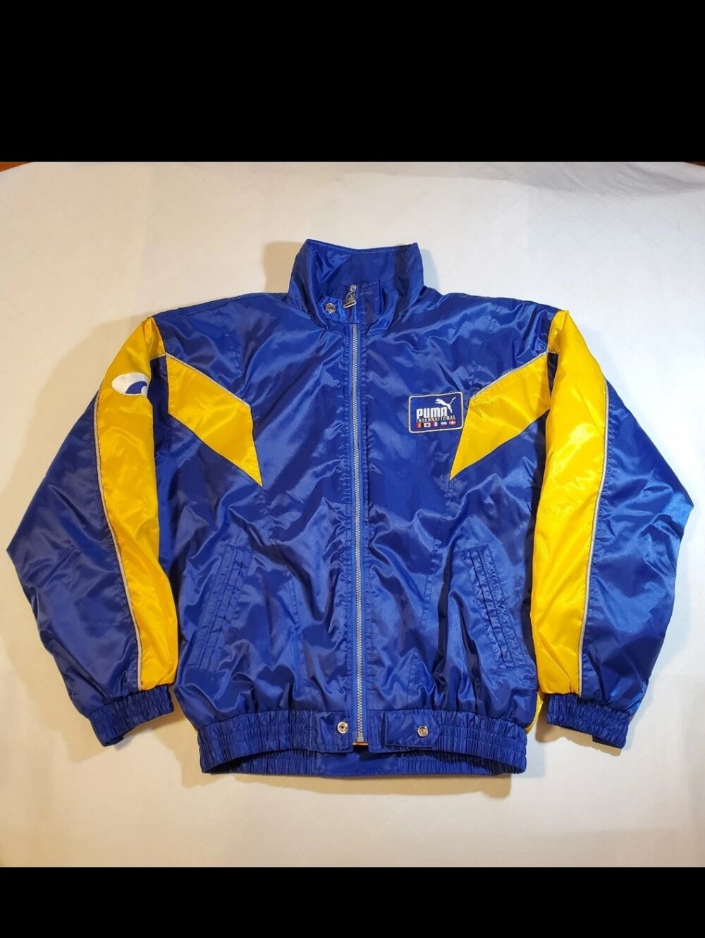 Vintage 80s 90s Puma Jacket Mens Large Color Block Blue Yellow Bomber Puffer